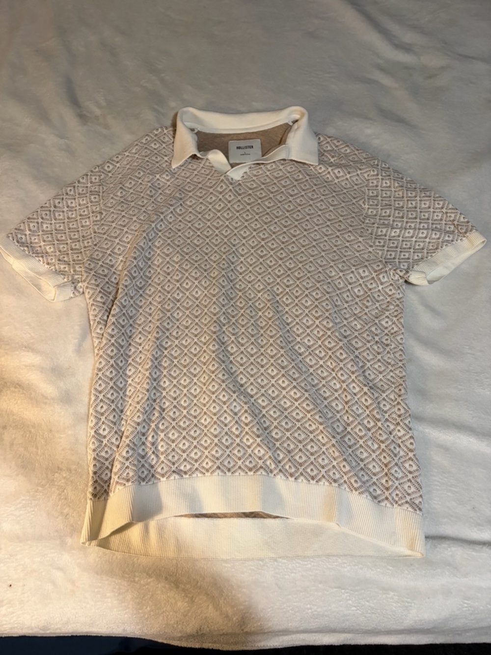 Hollister Cream-Collar Knit Polo with Beige Lattice Pattern